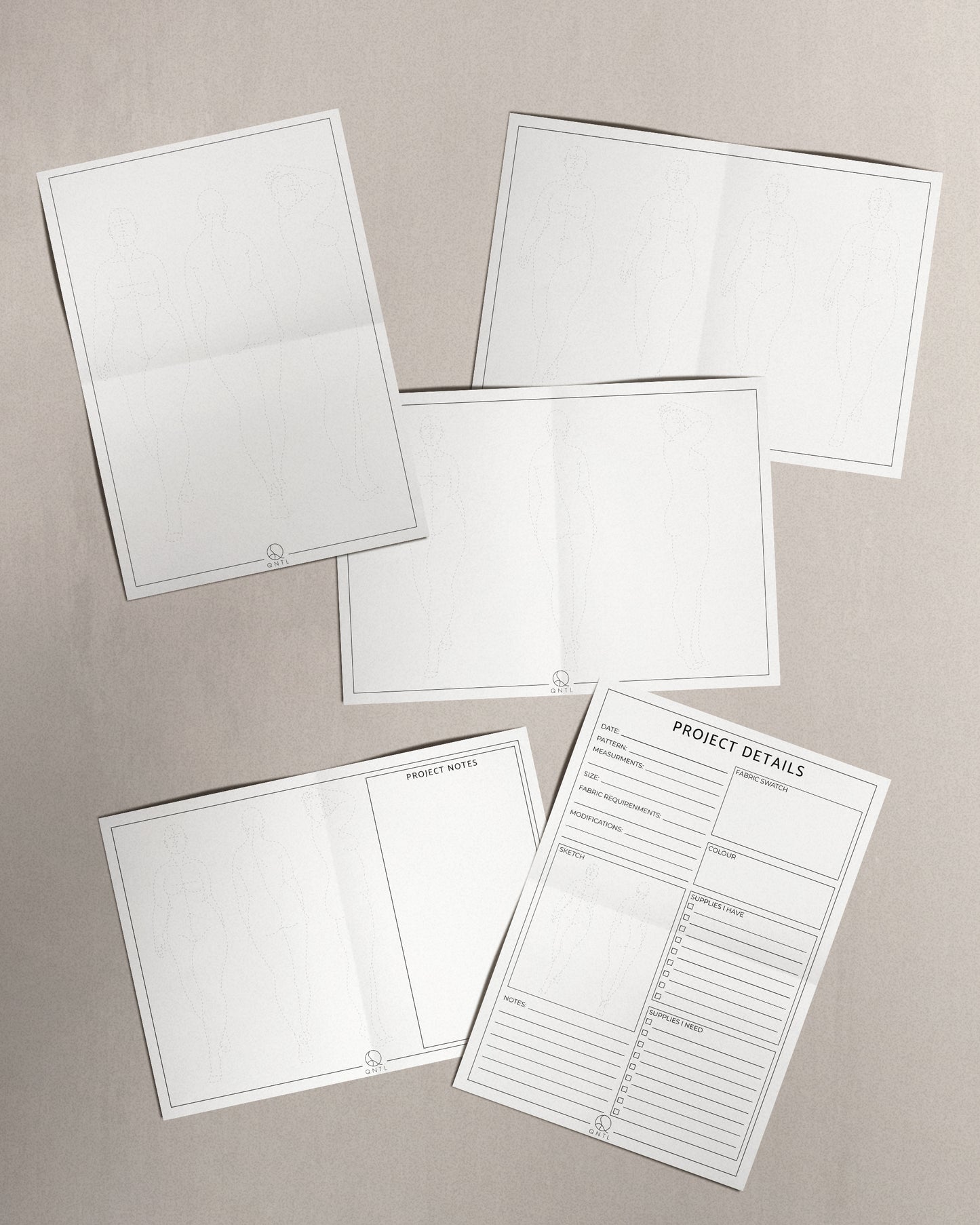 An overweive of the five pages that are included in the Fashion Croquis pack; three pages with poses and two Project pages.