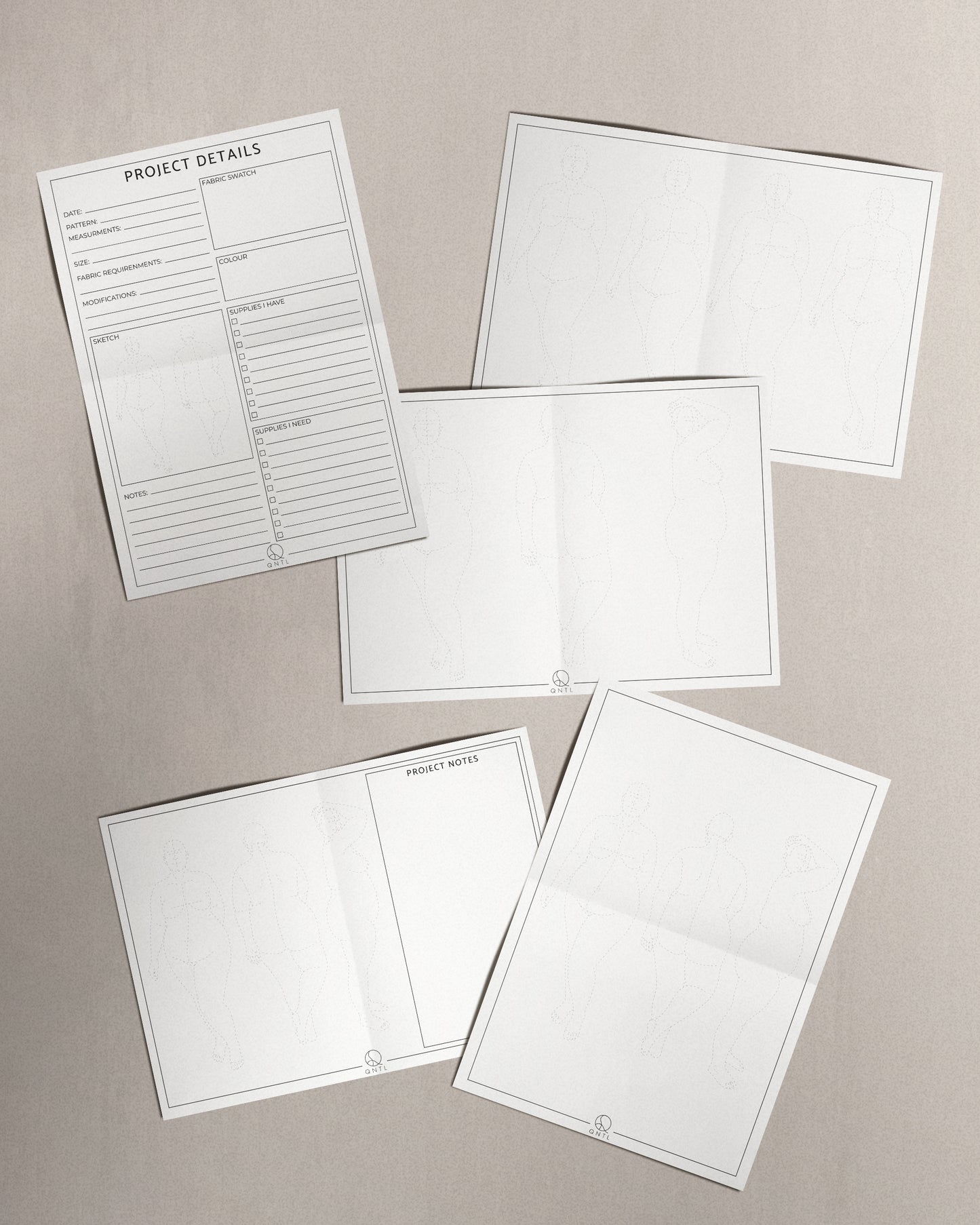 An overweive of the five pages that are included in the Fashion Croquis pack; three pages with poses and two Project pages..