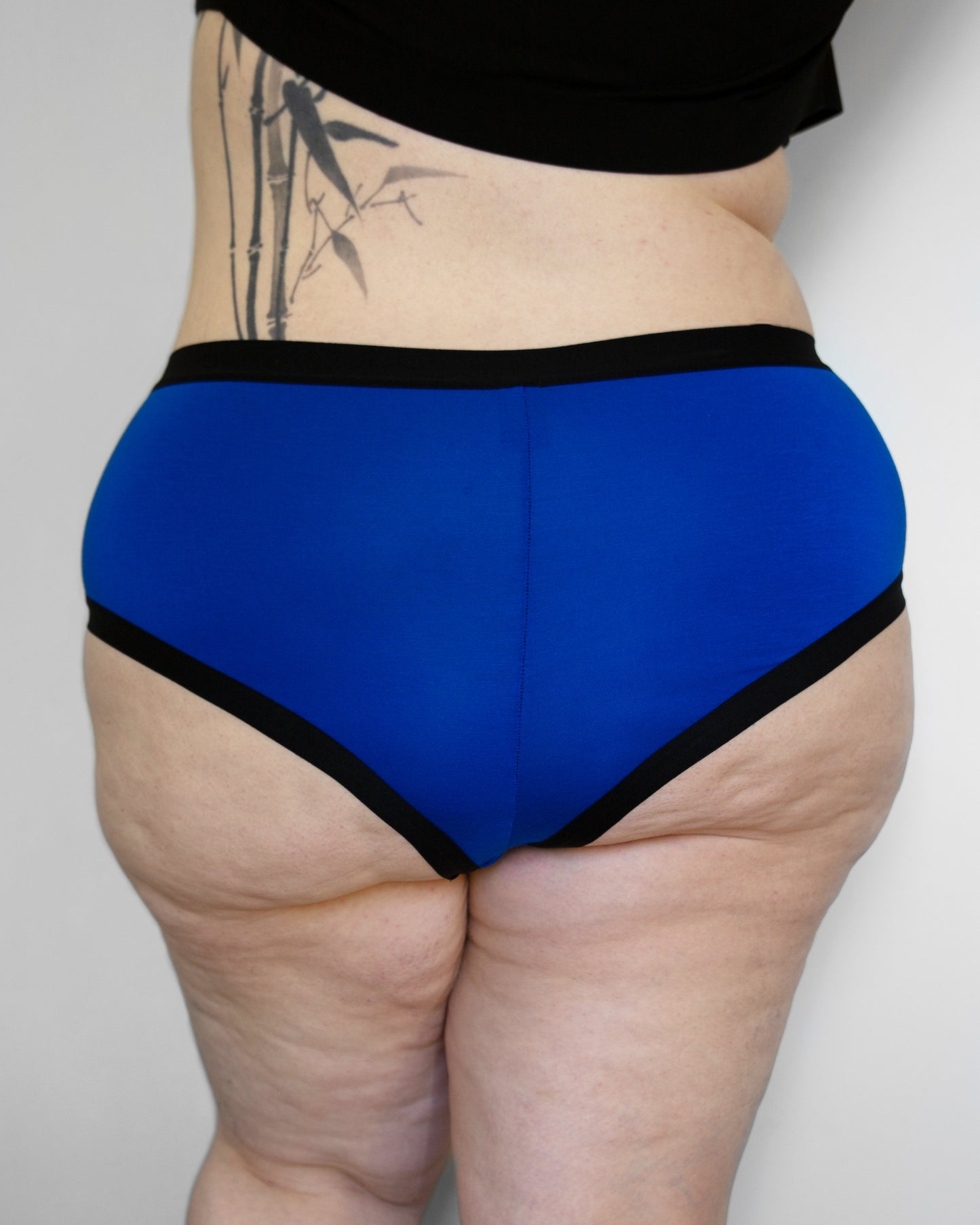 Back view of a model wearing The Bamboo Brazilian in blue colour with plain elastic in the leg opening.