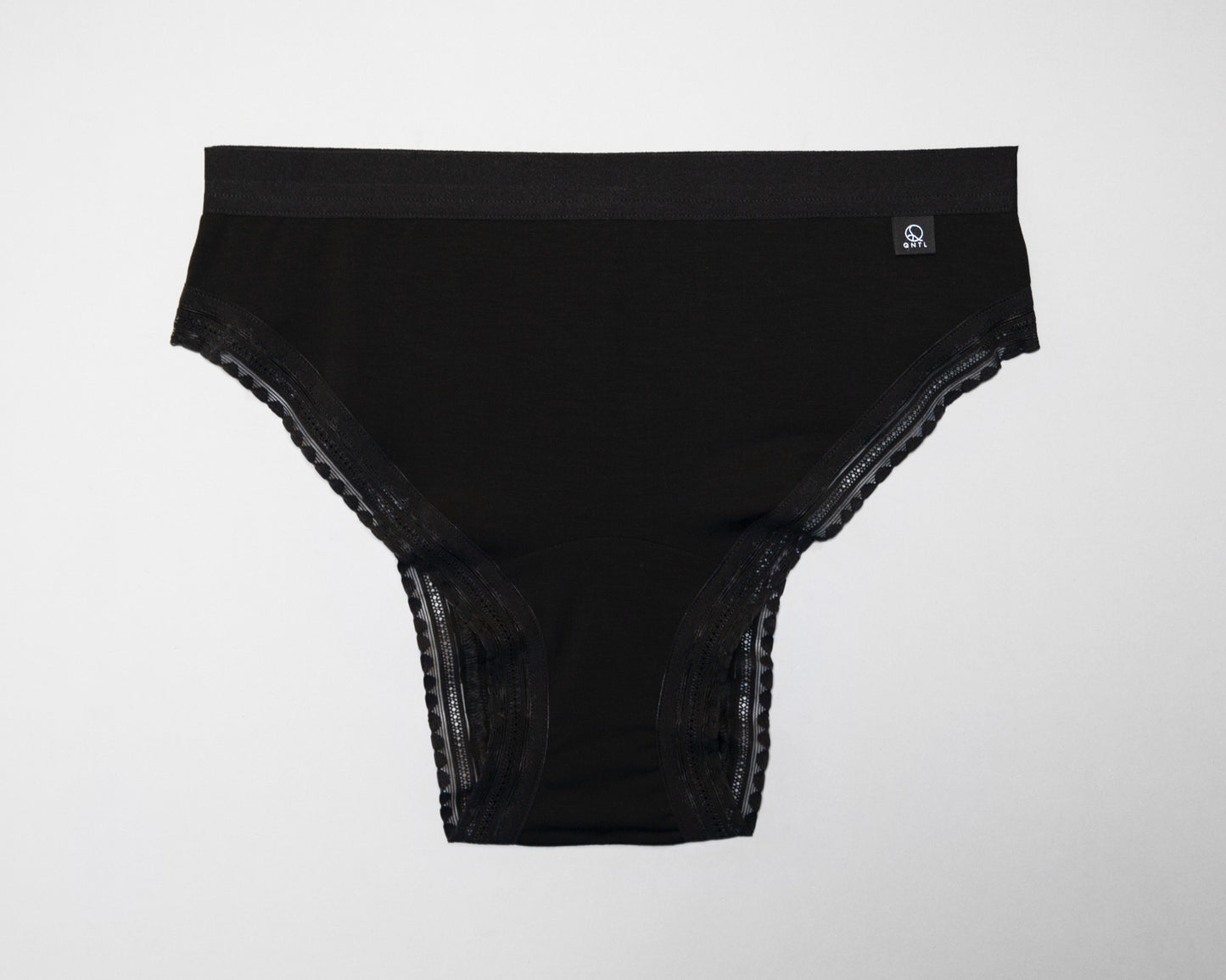 Full front view of The Bamboo High Cut with standard elastic in the leg opening and a brand label on the right side at waist.