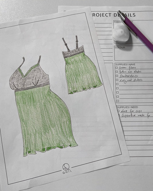 Example of how to use our Fasion Croquis to draw a garment on a plus sized body, together with the Project Details pages to organize your sewing projects. The sketch is of a green dress with lace top.