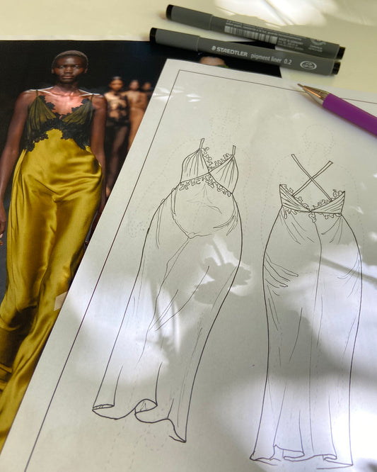 Picture showing an example of using the croquie to draw a garment on a curvy model to see how it would look compared to a runwaymodel.