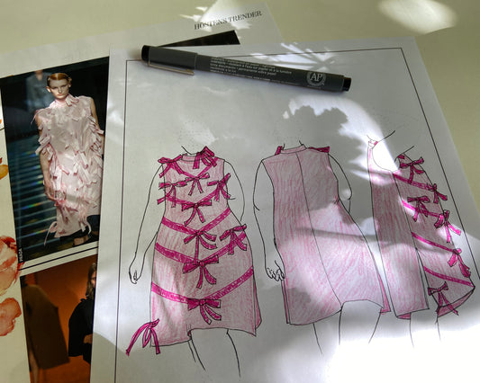 Picture showing an example of using the croquie to draw a garment on a curvy model to see how it would look compared to a runwaymodel. Does it look good on your shilouette, or do you need to make some adjustments?
