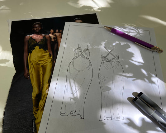 Picture showing an example of using the croquie to draw a garment on a curvy model to see how it would look compared to a runwaymodel.