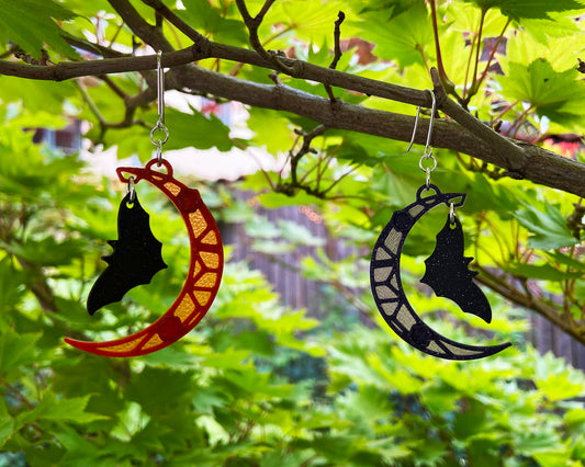 3D-printed earrings - Half Moon with Bats