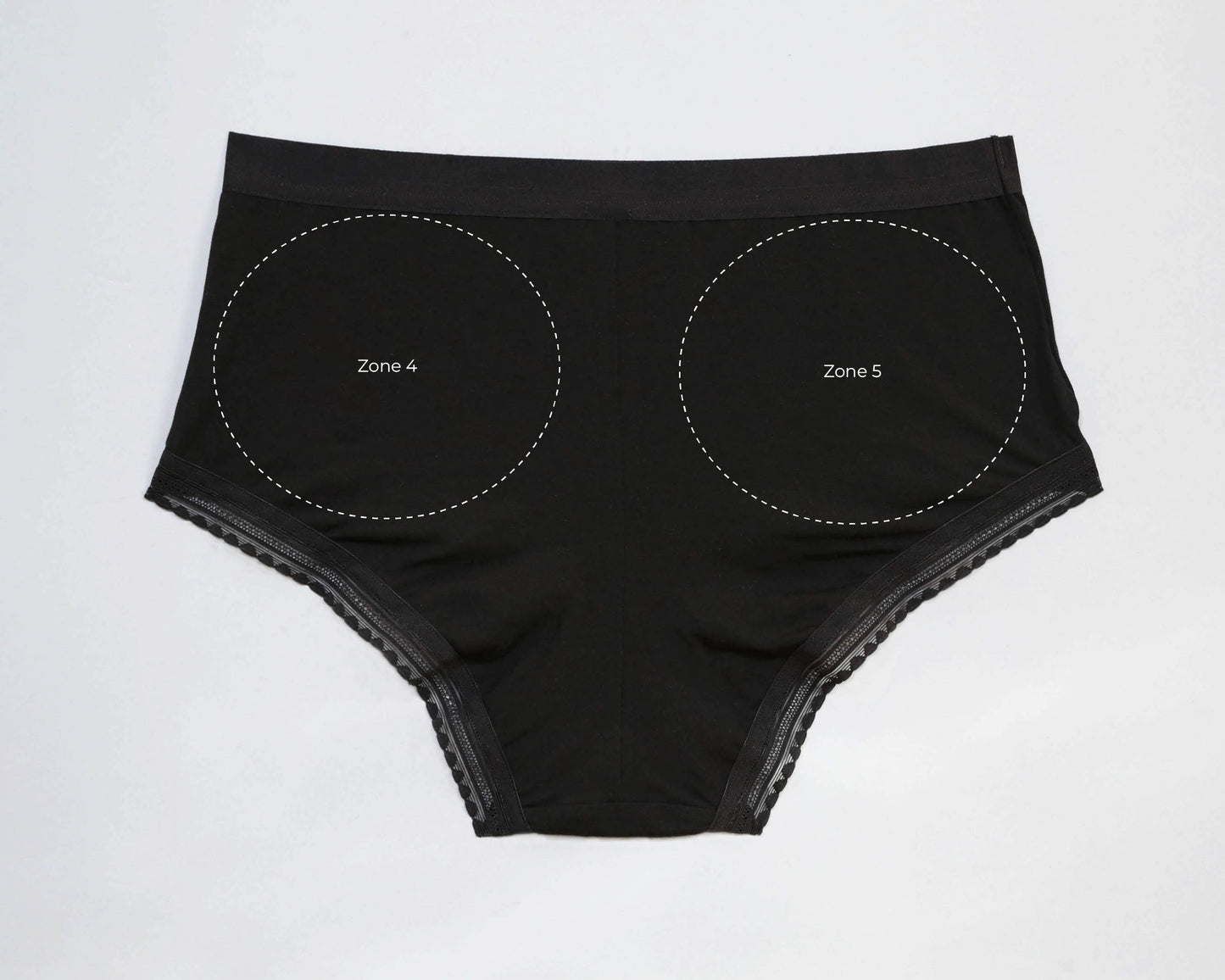 Black underwear with two white dashed circular zones labeled Zone 4 and Zone 5 on the back, laid flat on a light gray background. These zones for diffrent print positions.