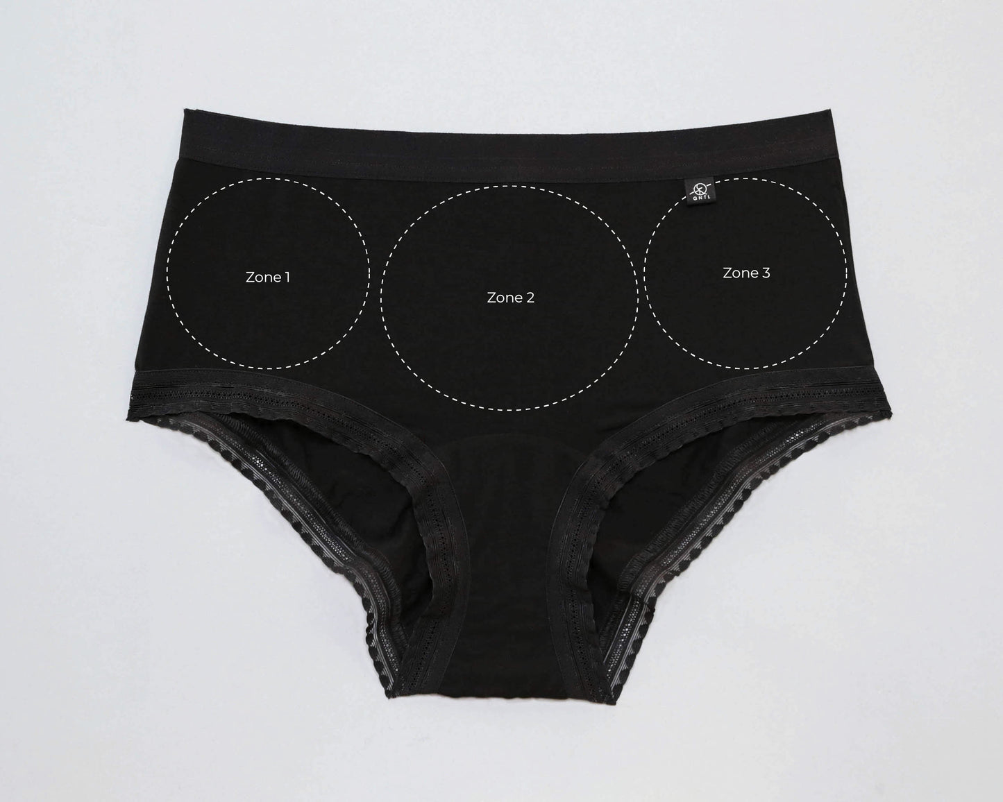 Black underwear with three white dashed circular zones labeled Zone 1, Zone 2, and Zone 3 on the front, laid flat on a light gray background. These zones for diffrent print positions.